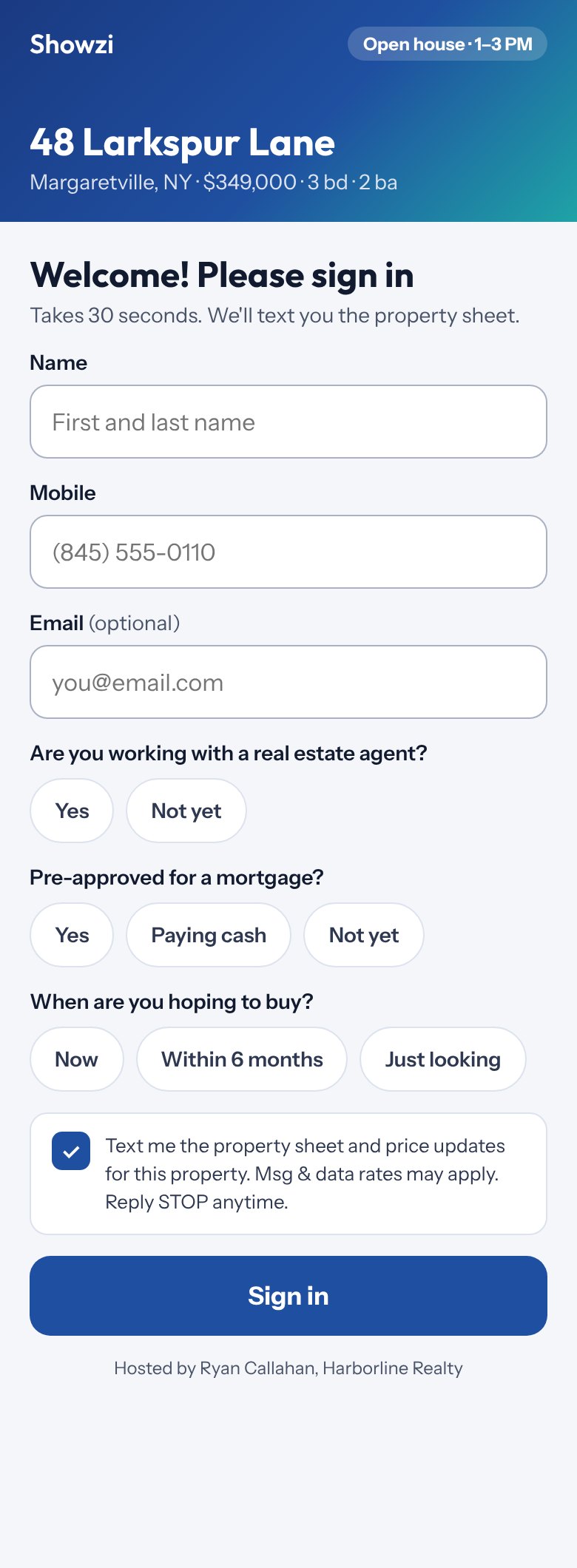Open house sign-in form on a visitor's phone